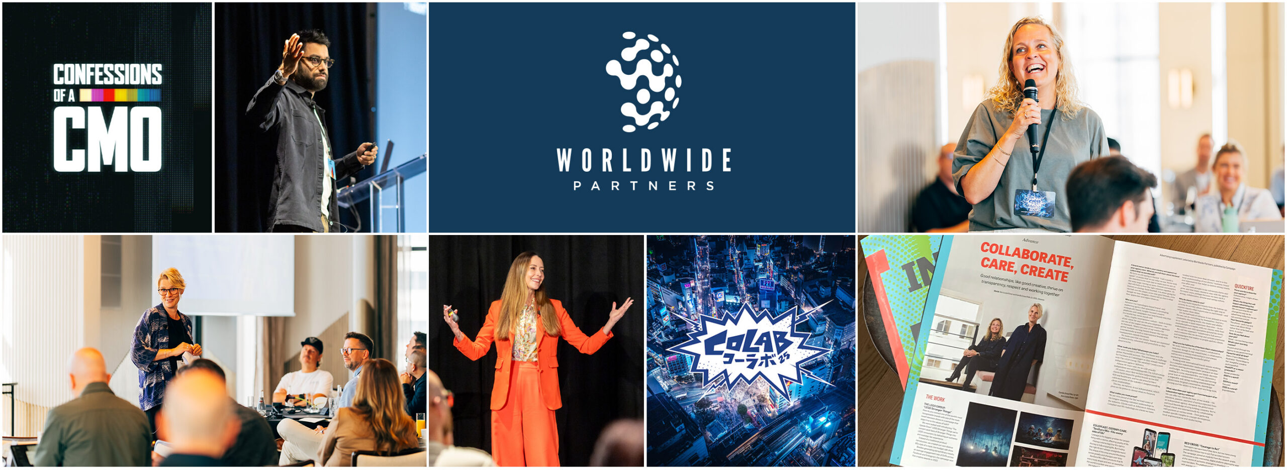 A horizontal grid collage showcasing various business events and branding elements. Top row: a logo for 'CONFESSIONS OF A CMO' with a colorful barcode graphic; a man speaking at a podium; the 'WORLDWIDE PARTNERS' logo featuring a stylized white dotted globe on a navy blue background; and a blonde woman smiling while holding a microphone at a conference. Bottom row: a speaker addressing a seated workshop audience; a woman in a bright orange pantsuit presenting on stage; a neon-lit aerial city street scene featuring a graphic 'COLAB 25' comic-style logo; and an open magazine layout with the headline 'COLLABORATE, CARE, CREATE'.