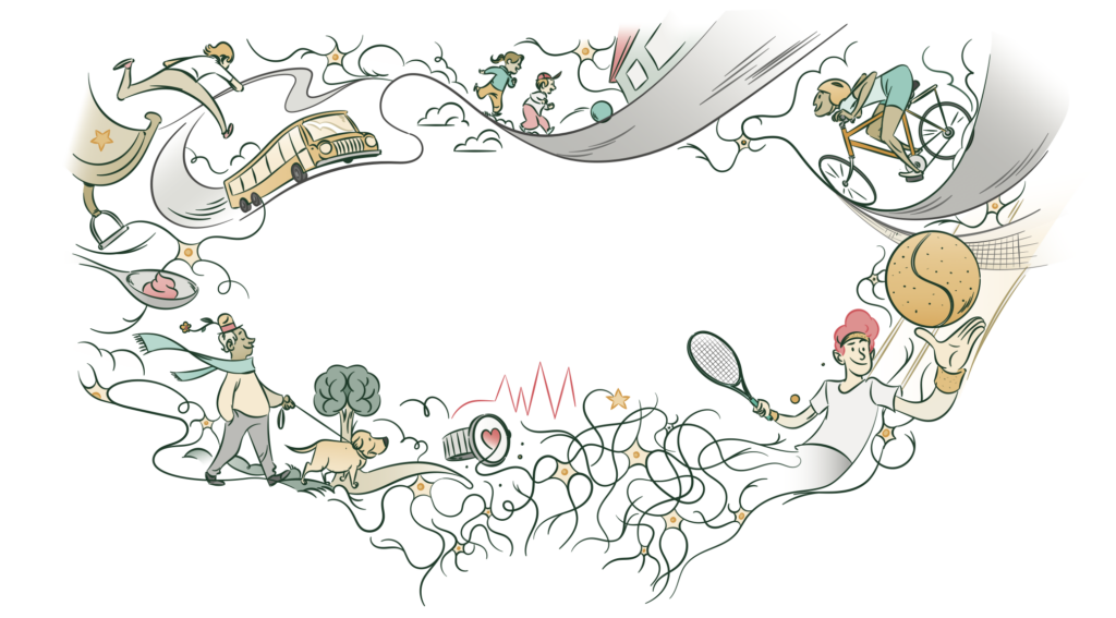 A whimsical, fine-line cartoon illustration depicting motor functions and active lifestyle themes. Arranged in a frame with a blank center, the drawings show various activities: a person running, a moving bus, children playing, someone riding a bicycle, a person walking a dog, and an athlete playing tennis with a massive tennis ball. The bottom sections of the action loops connect down into a complex web of green nerve cells.