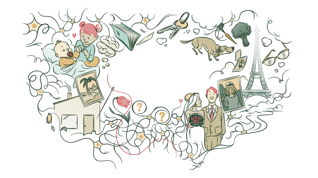 A whimsical, fine-line cartoon illustration representing memory, life milestones, and forgetfulness, forming a frame around a blank center. The illustrations include a baby, a mother playing with a child, an open book, a set of keys, a dog, the Eiffel Tower, a wedding couple, photos, and a house. Interspersed among the dense, winding green neuron pathways at the bottom are scattered question marks.