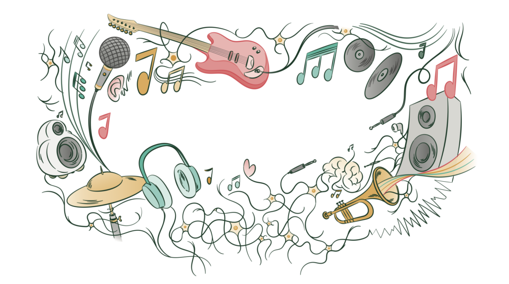 A whimsical, fine-line cartoon illustration celebrating music and sound, arranged as an open frame with a white center. The doodles feature musical elements including a microphone, an electric guitar, vinyl records, music notes, a drum symbol, headphones, a speaker playing sound waves, and a trumpet. Swirling lines connect these instruments directly down to an intricate base of green neural cells.