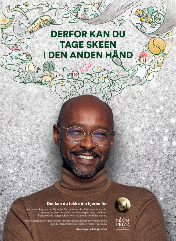 A campaign poster featuring a smiling man with glasses, a short beard, and a brown turtleneck. Above his head, a cloud of playful green line illustrations shows physical activities: a person running, a bicycle, a tennis racket, a basketball, and a bus. The bold green headline reads 'DERFOR KAN DU TAGE SKEEN I DEN ANDEN HÅND' (That's why you can take matters into your own hands / switch hands), with text explaining the motor system.