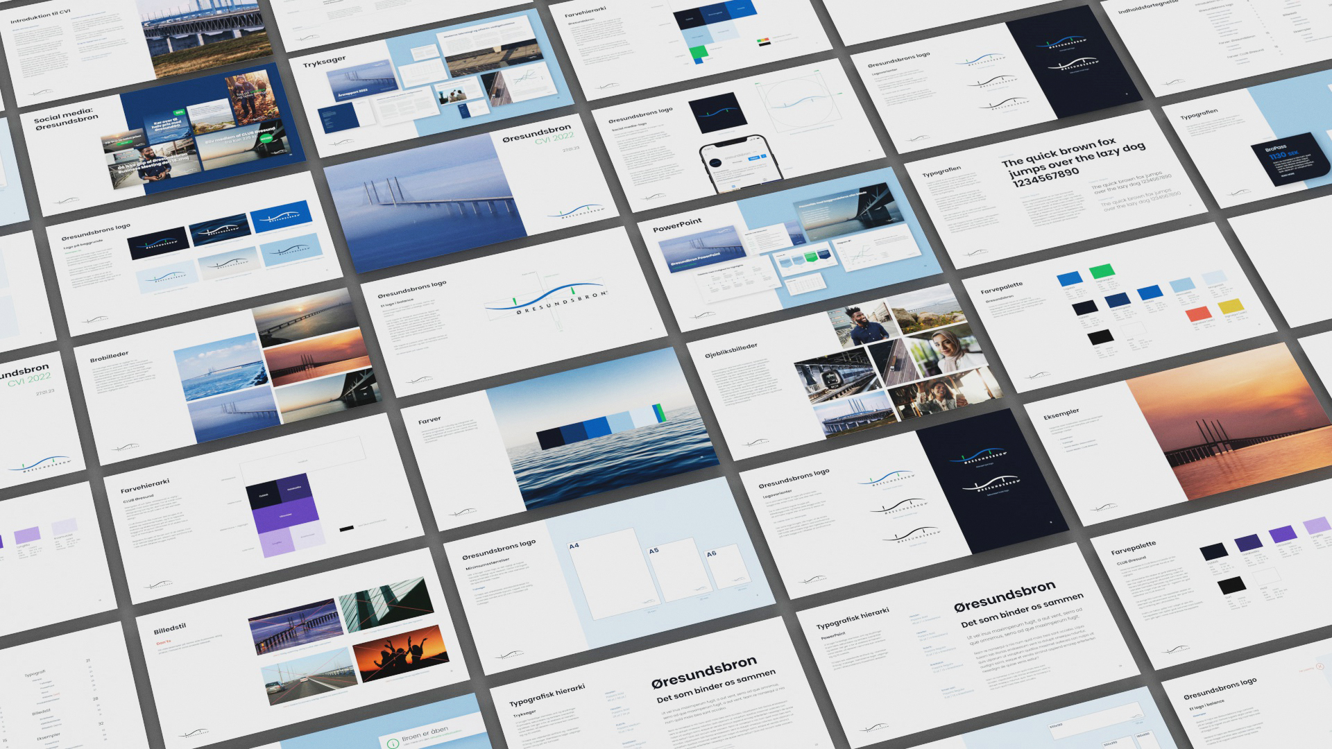Here are descriptive alt text options for this batch of corporate visual identity brand guidelines:

Screenshot 2026-06-16 at 16.26.17.jpg
alt="An angled, bird's-eye grid view of numerous digital slides from the Øresundsbron Corporate Visual Identity (CVI) 2022 guidelines. The brand deck features sections on logo usage, typography hierarchy, social media, a blue-toned color palette, stationery formats (A4, A5, A6), and photographic styles showcasing the Øresund Bridge at sunrise and sunset.