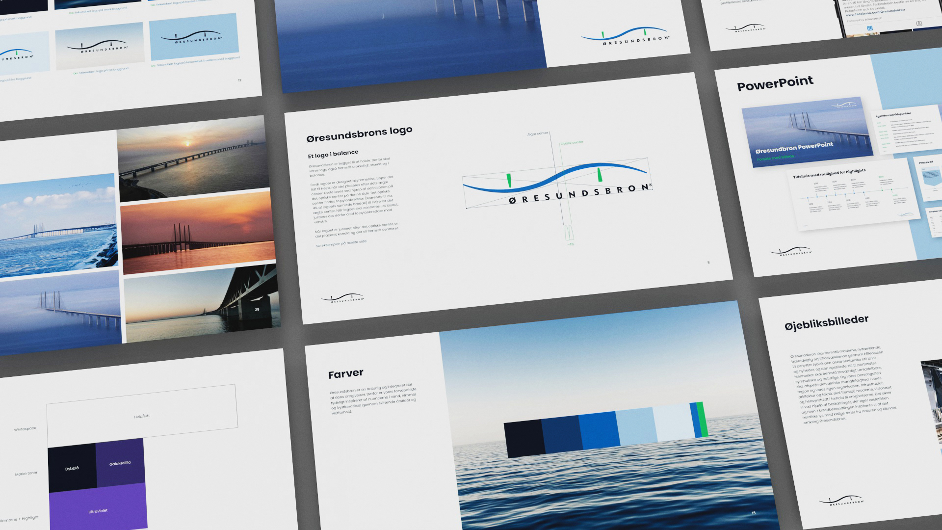 A close-up view focusing on four specific slides from the Øresundsbron brand manual. The top-left slide features a grid of landscape photos of the bridge. The top-right slide explains the 'Øresundsbrons logo' geometry with axis lines over its wave design. The bottom-left slide shows a dark purple color hierarchy block, and the bottom-right slide features a color palette bar ranging from dark navy to bright green over a calm ocean background image.