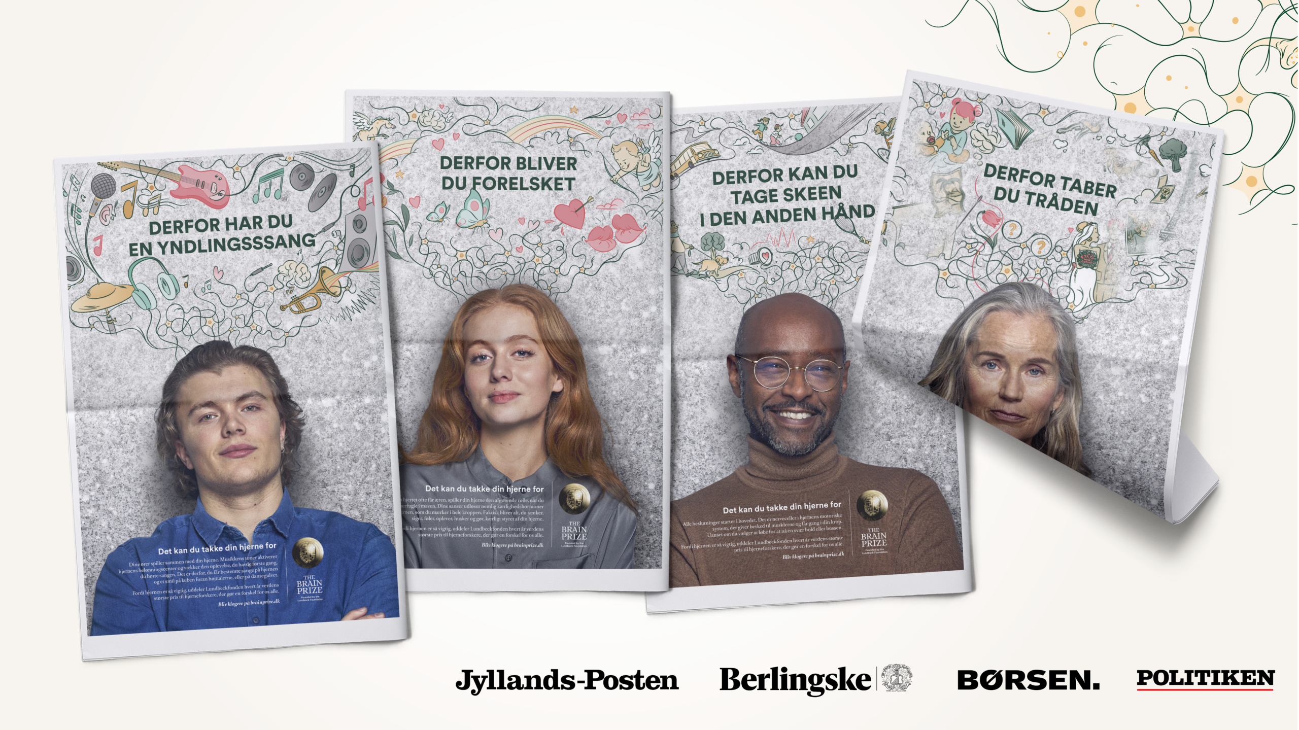 A layout displaying four printed newspaper advertisement spreads side-by-side, each featuring one of the four campaign posters (the favorite song, falling in love, switching hands, and losing the thread). Below the newspaper spreads, the logos for major Danish newspapers are listed: Jyllands-Posten, Berlingske, Børsen, and Politiken.
