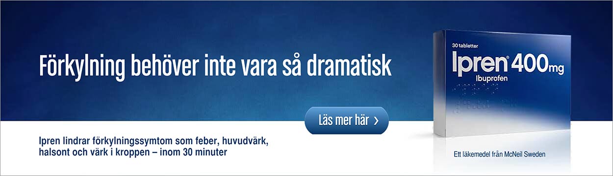 A promotional web banner with a dark blue upper half and a clean white lower half. Large white text reads 'Förkylning behöver inte vara så dramatisk'. To the right sits a dark blue box of Ipren 400mg tablets. In the center is a blue button that says 'Läs mer här >', and small black text at the bottom describes how Ipren relieves cold symptoms like fever, headache, and sore throat within 30 minutes.
