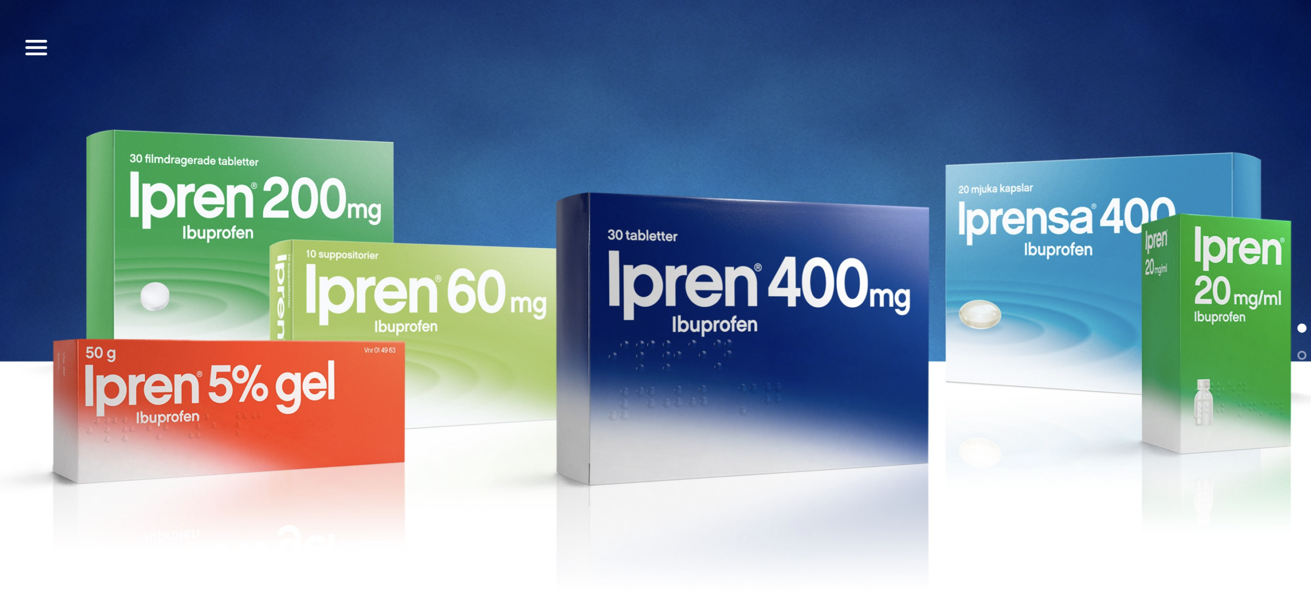 A product lineup advertisement against a deep blue background featuring various packaging options for Ipren ibuprofen. It includes green boxes for Ipren 200mg tablets, light green for Ipren 60mg suppositories, a central dark blue box for Ipren 400mg tablets, a light blue box for Iprensa 400mg soft capsules, a narrow green box for Ipren 20mg/ml liquid, and an orange box in the foreground for Ipren 5% gel.