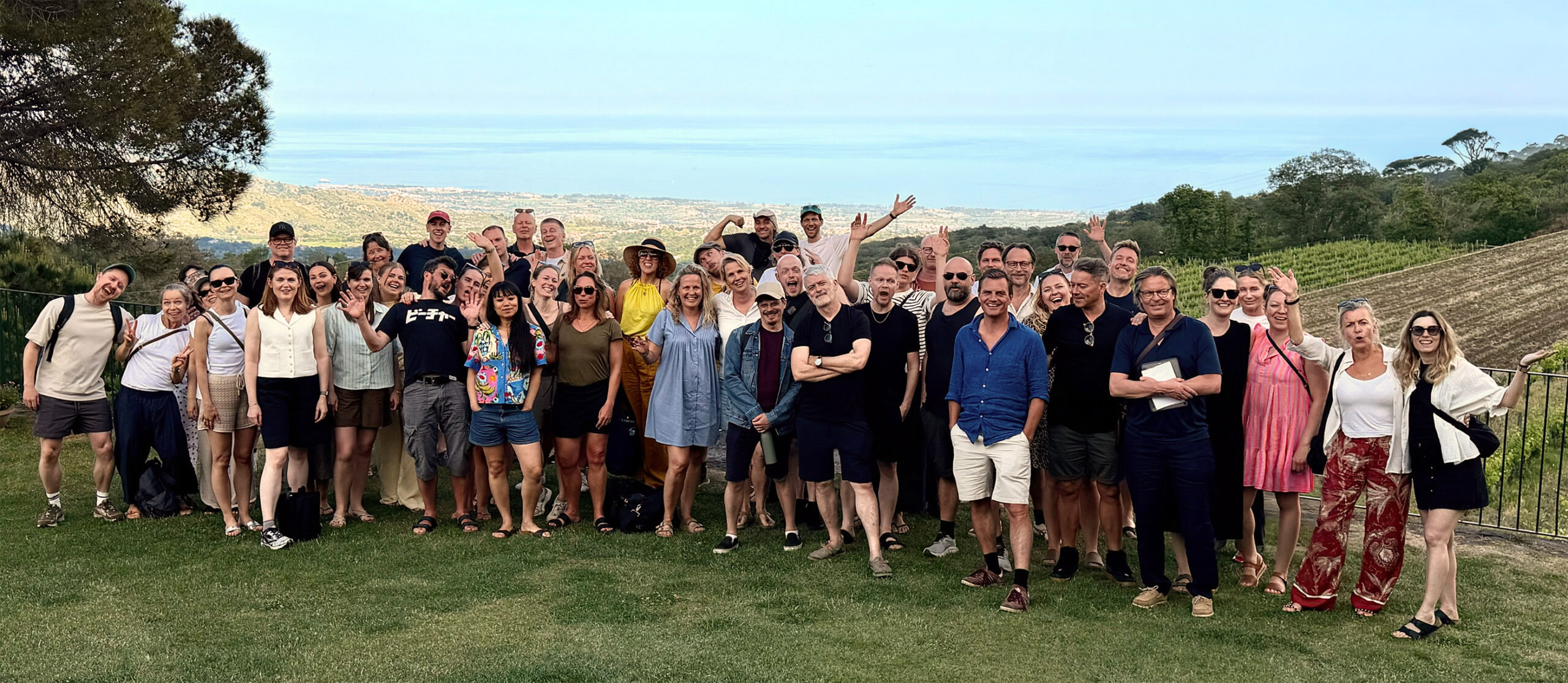A large group of coworkers standing together outside on a grassy lawn with a vineyard and hills in the background, smiling for a group portrait.
